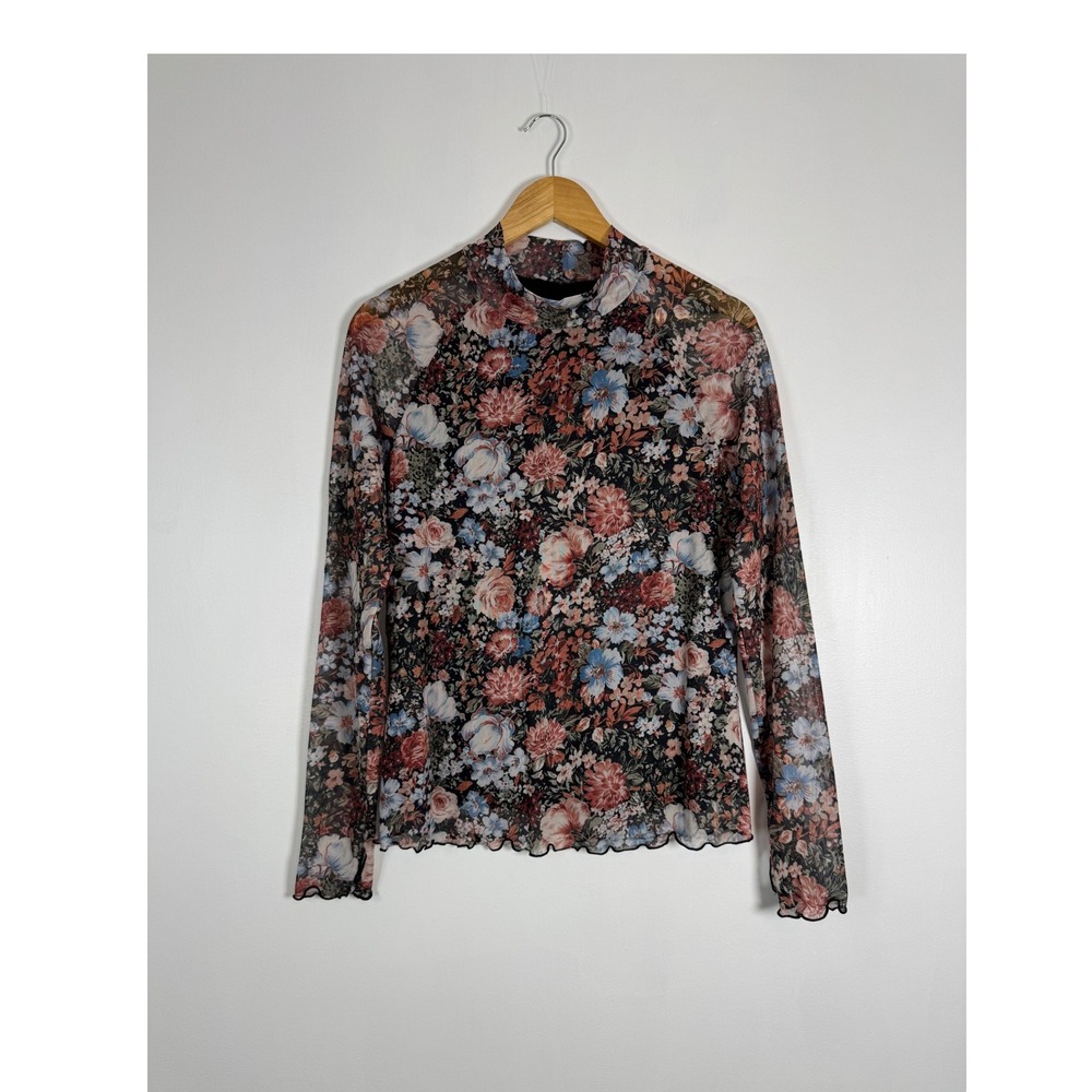 Cottagecore Dealmore Womens L Floral Mesh Mock Neck Top Multicolor Lettuce Edge